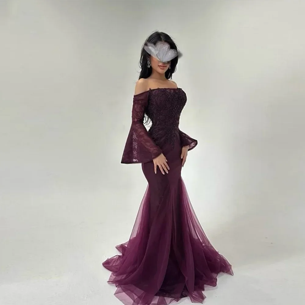 Eenvoudige off-the-shoulder avondjurken lange mouwen elegante zeemeermin avondjurken vloerlengte galajurken jurk op maat