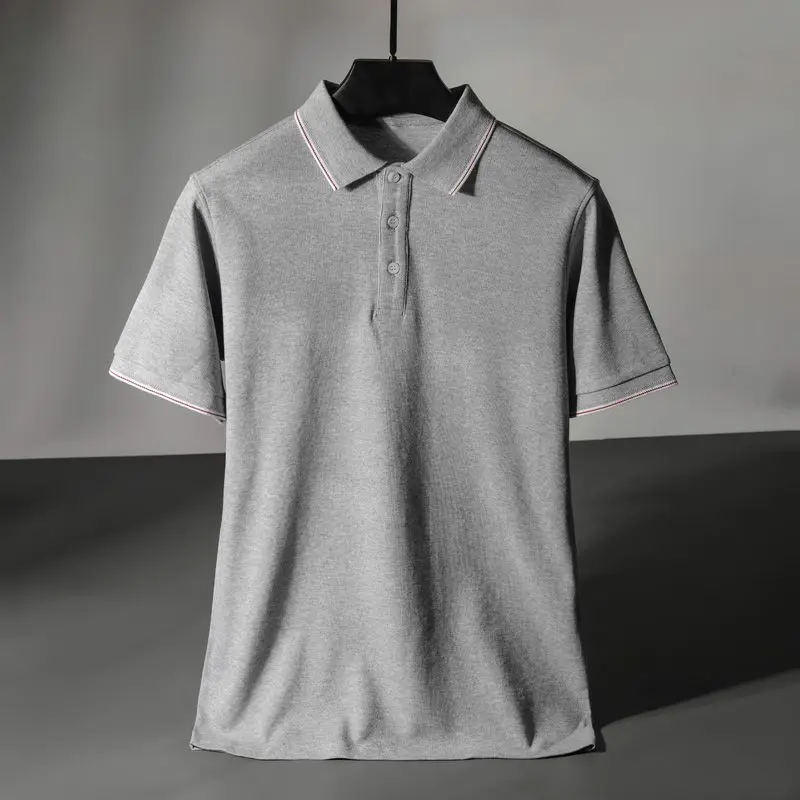 Men's Grey Collared Polo Shirt Short Sleeve Pure Color Striped Buttoned Spring Summer Business Casual Top for Everyday Use