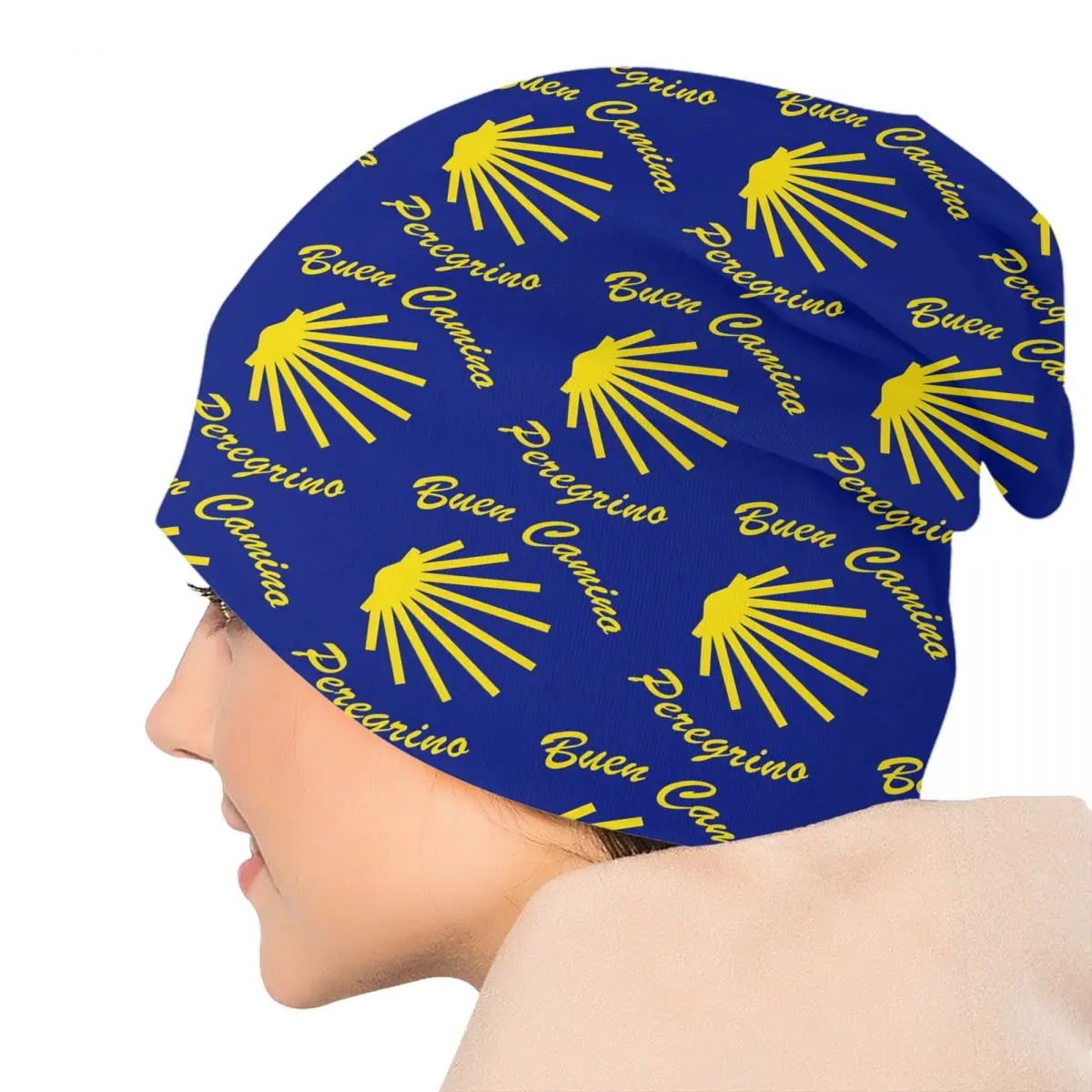 หมวกบีนนี่ทรงเปลือกหอยสีเหลืองขนาดใหญ่ลาย Camino De Santiago สำหรับฤดูหนาว สไตล์ฮิปฮอป ถักนิตติ้ง สำหรับทุกเพศ หมวกบีนนี่ Buen Camino