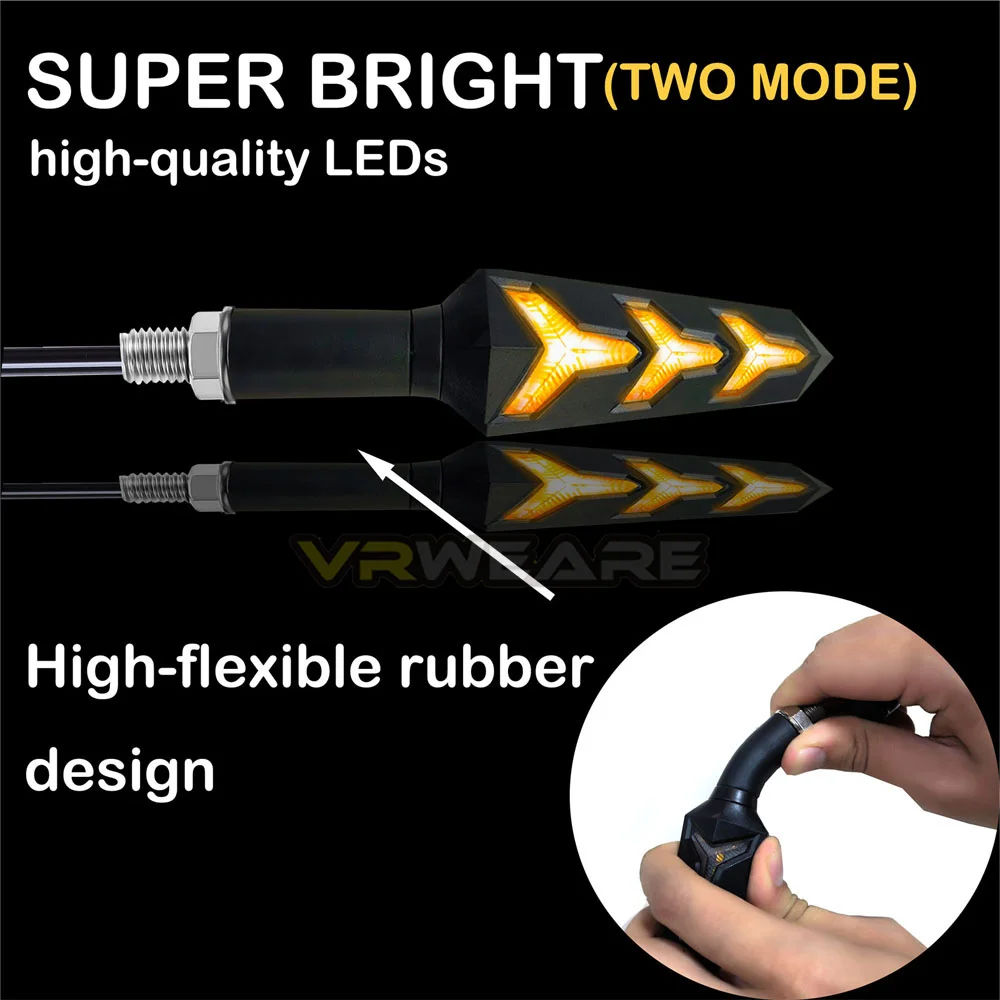 Universal Motocicleta Água Fluindo LED Turn Signals, luzes pisca-pisca, construído Relé, Bendable cauda Flasher, lâmpada indicadora