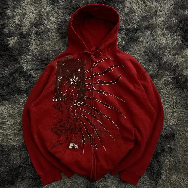 

American New Oversize Pattern Printing Loose Hooded Sweater Men Y2K Street Vintage Fashion Hip Hop Popular Casual Sports Sweater