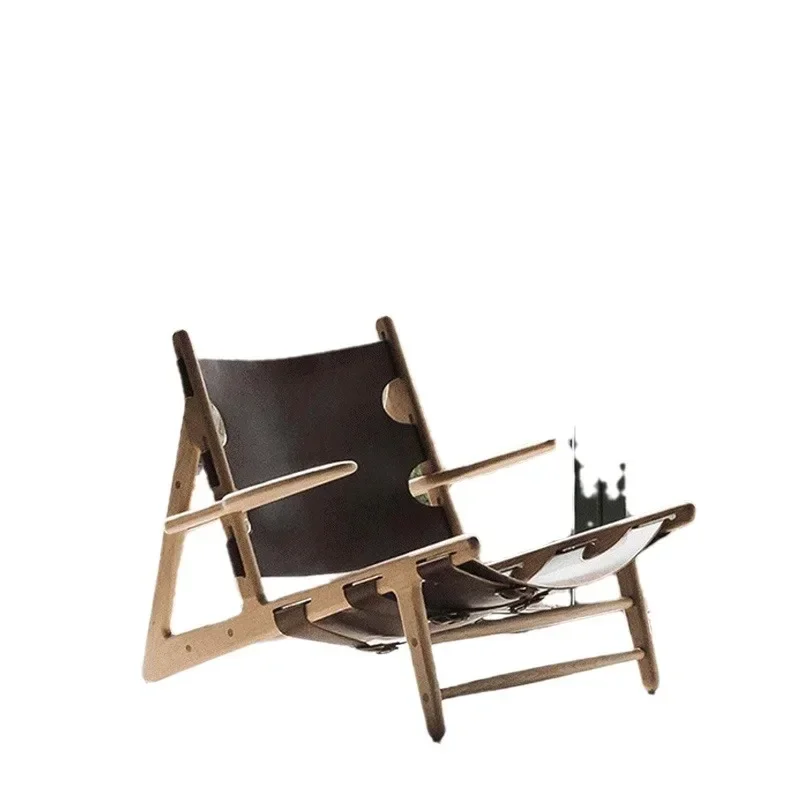 

Nordic solid wood casual single saddle leather sofa chair designer wabi-sabi furniture recliner