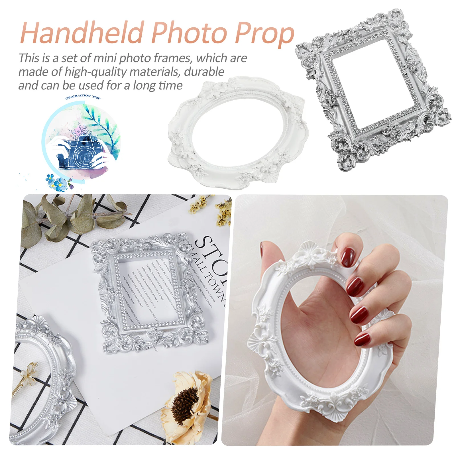 

2pcs Mini Vintage Photo Frames For Nail Art Photography Props Handheld Picture Adornment Diy Desk Decor Retro Style Frame Set
