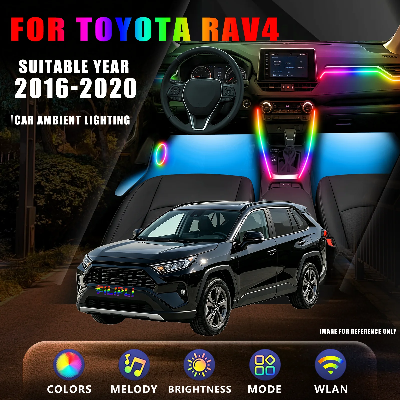 FOR TOYOTA RAV4 2016-2020 YEAR DREAM COLOR 18 Lights car ambient light kit 18 zone linked flow light brake highlight warning ambient light auto dimming hidden wiring layout upgrade kit