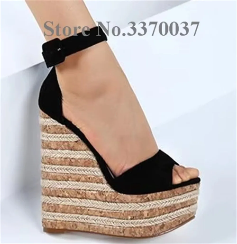 2018 Summer New Style Suede Leather Ankle Strap High Platform Wedge Sandals Fashion Super High Straw stripe Heel Wedge Sandals