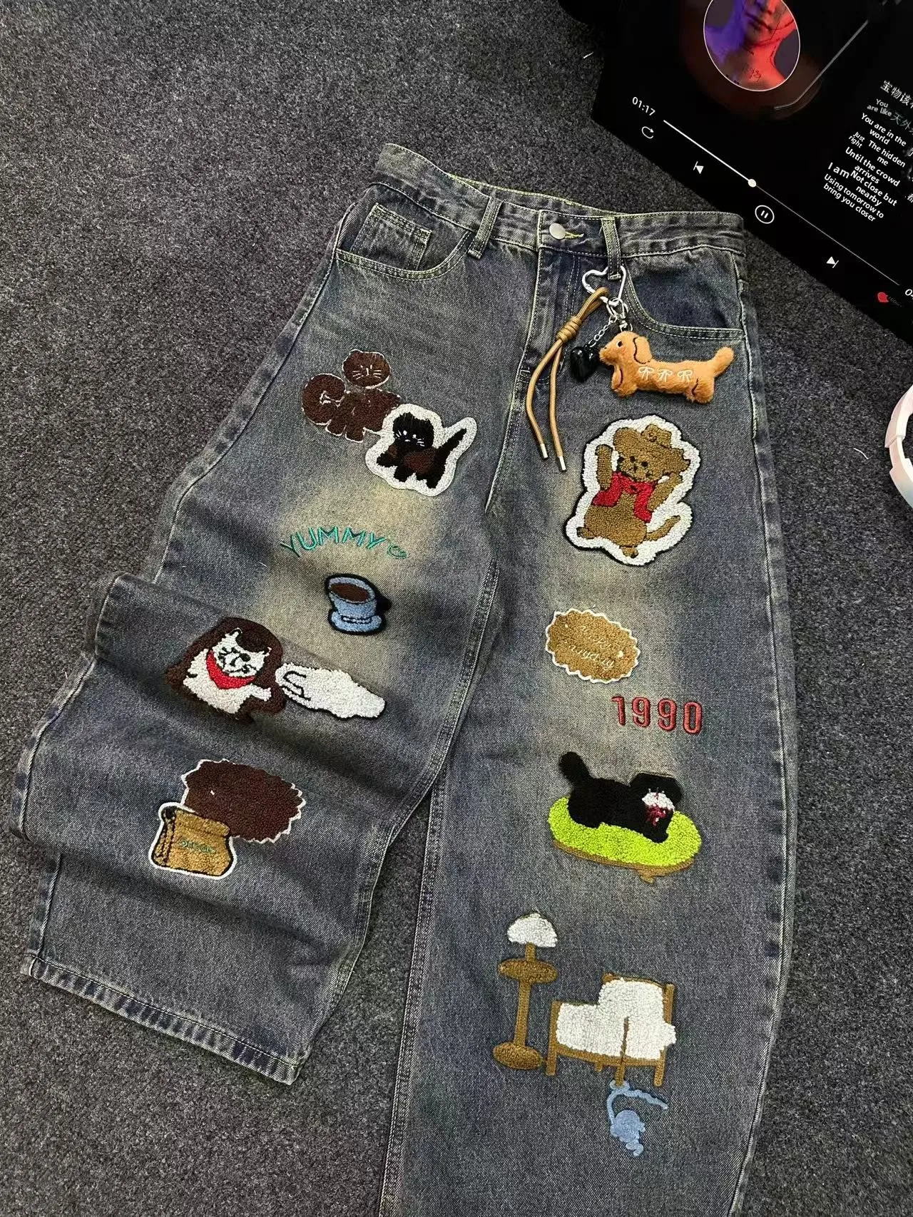 

American High Street Cartoon Embroidery Jeans Loose Straight Leg Trousers for Men Youth Faion Casual Straight Leg Pants