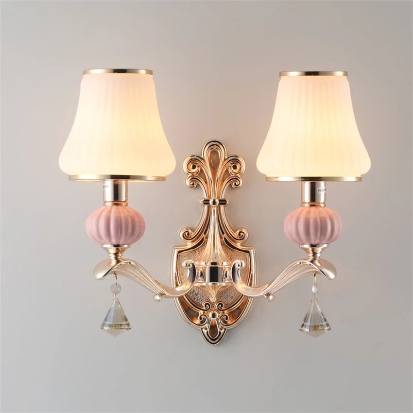 Pink glass ceramic wall lamp princess bedroom bedside lamp living room European decorative lamp dining room court sconces lights