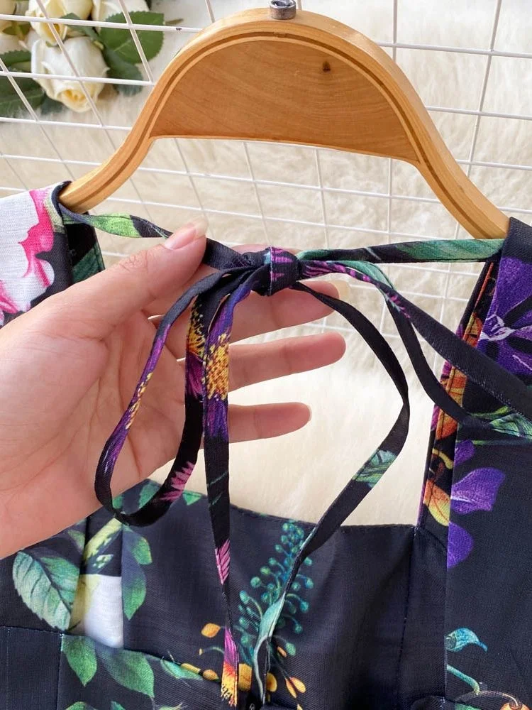 Holiday Flower Summer Tank Dress Women\'s Spaghetti Strap Backless Lace Up Floral Leaves Print Beach Vacation Midi Vestidos