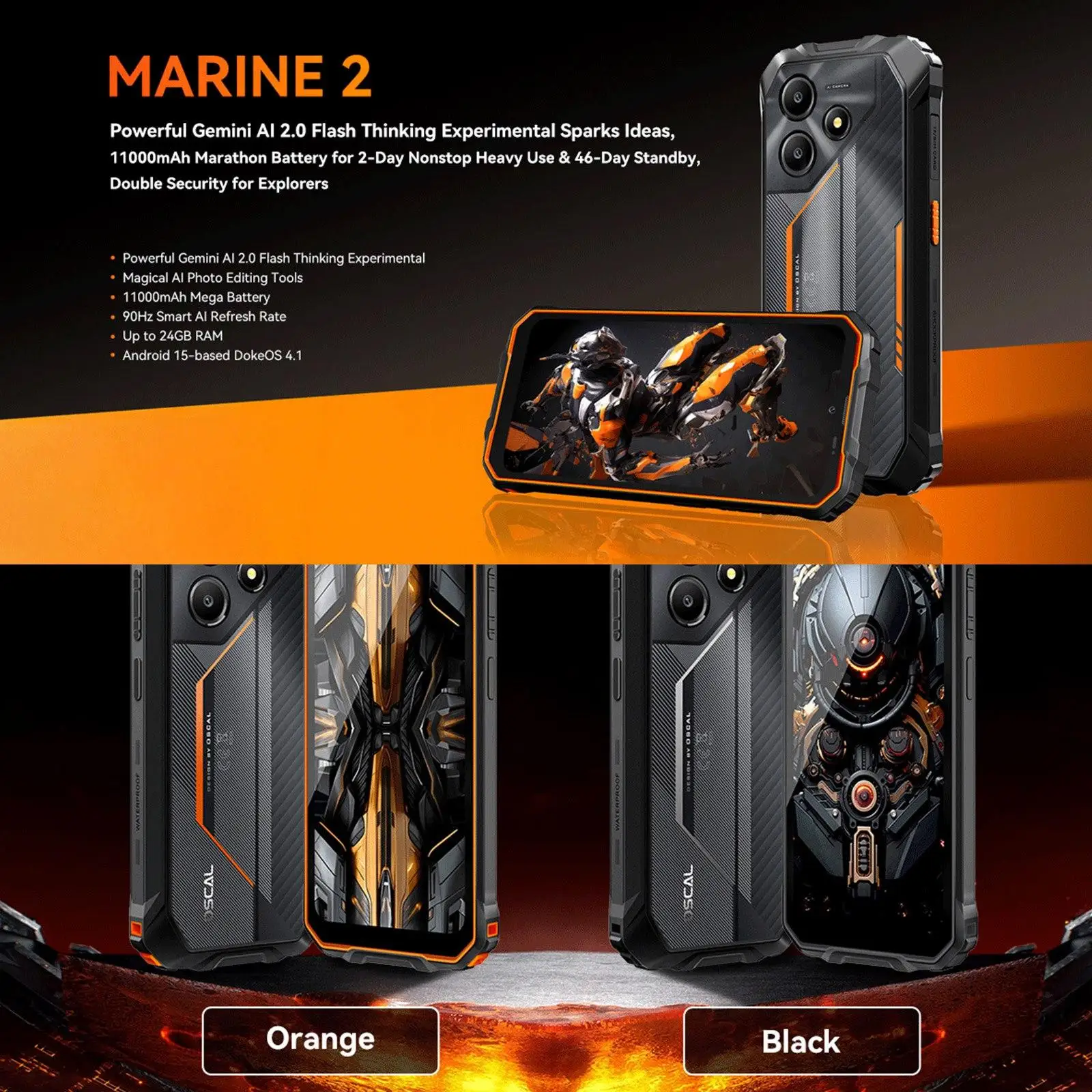 Blackview Oscal Marine 2 Rugged Phone 8GB+256GB 6.56'' HD+ Display 11000mAh Android 15 Unisoc T615 4G NFC Smartphone