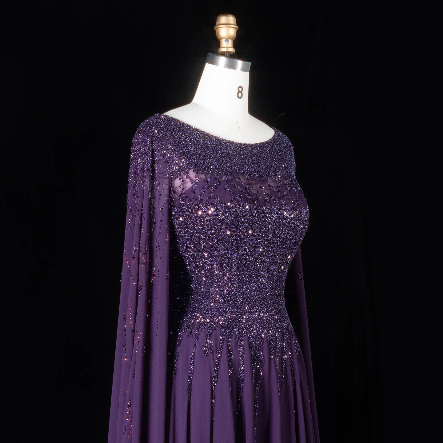 Sharon Said Abendkleid Luxuriöses A-Linien-Kleid mit Pailletten, Cape-Ärmeln und Perlen für Hochzeit, Abschlussball, Dubai, formelle Party, Ballkleid SS105, maßgeschneidert – Detail 16