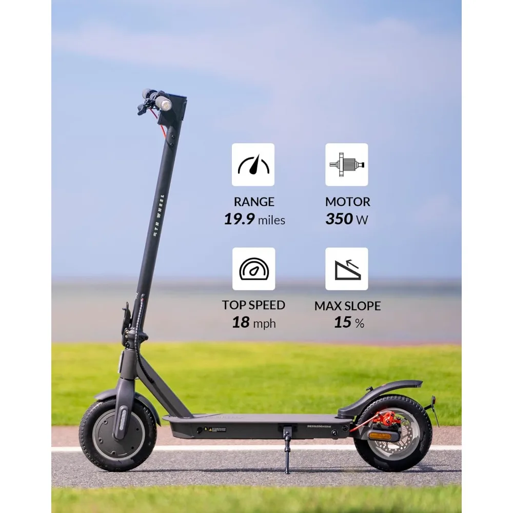 Scooter elétrico com sinais de giro, sistema de travagem dupla, alcance 19,9 milhas, 18 MPH, motor 350W, pneus de suporte interno 10"