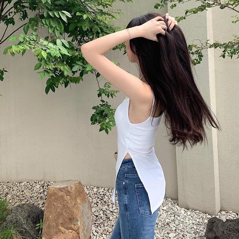 Nueva moda camisola con abertura lateral Irregular mujer chica 2025 verano sólido todo-fósforo sin mangas Sexy Tops