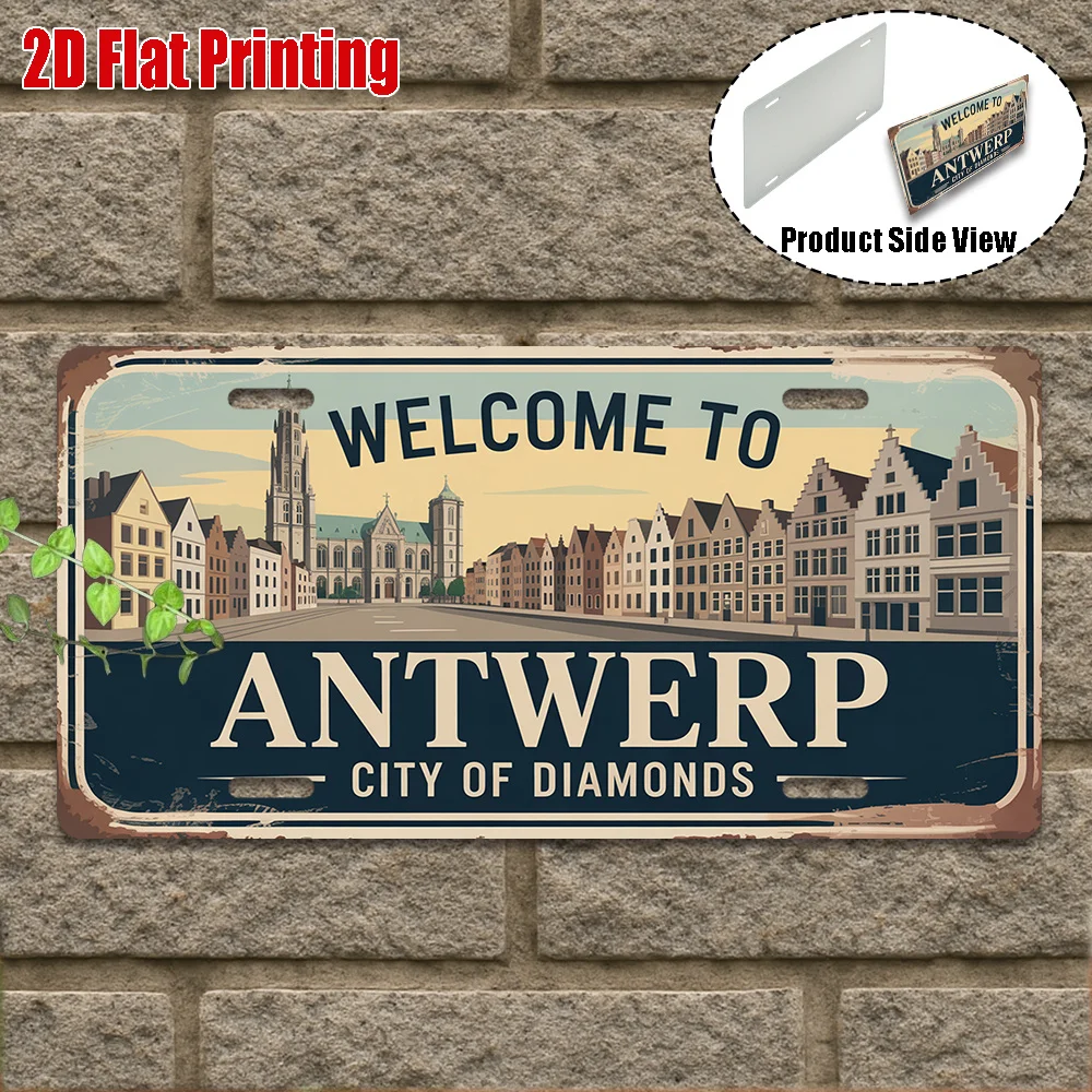 2D Flat,1pc, Vintage Aluminum Sign, Only for Decoration, Outdoor Wall Art , Welcome to Antwerp Sign, City of Diamonds Decor