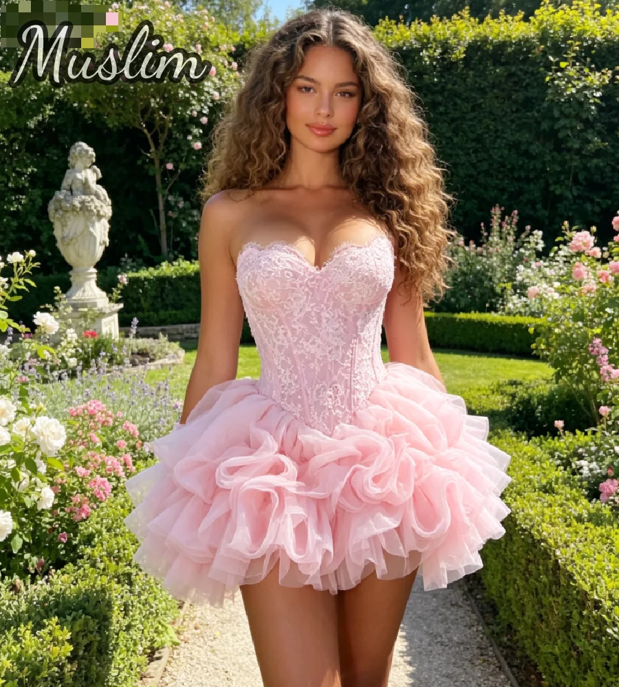 Elegant Pink Bubble Prom Dress 2026 Ruffles Cocktail Birthday Party Gowns Corset Bodice Lace Bachelorette Evening Homecoming