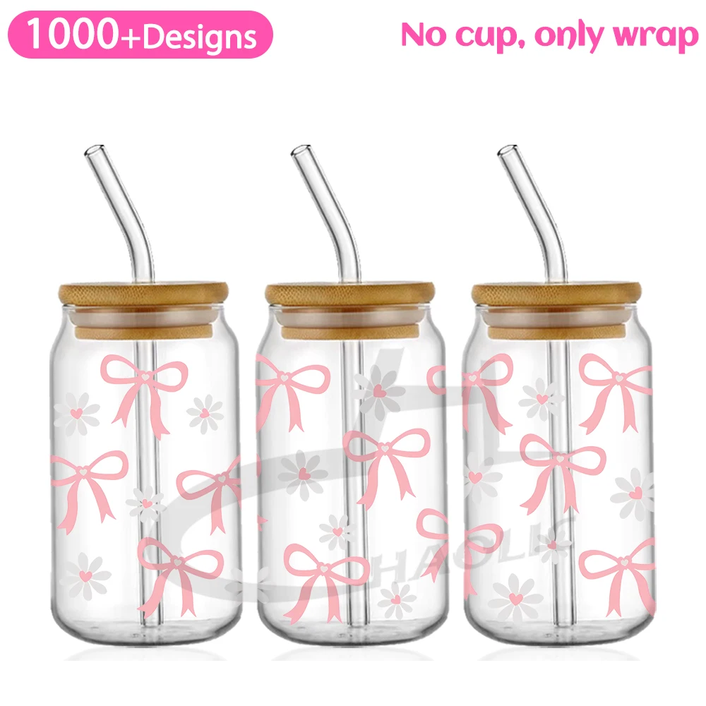 Flowy Bows UV DTF Cup Wrap For 16oz Libbey Glass Can Pretty Love Ribbons Cute Girly Cup Wrap Design UV DTF Beer Adhesive Sticker