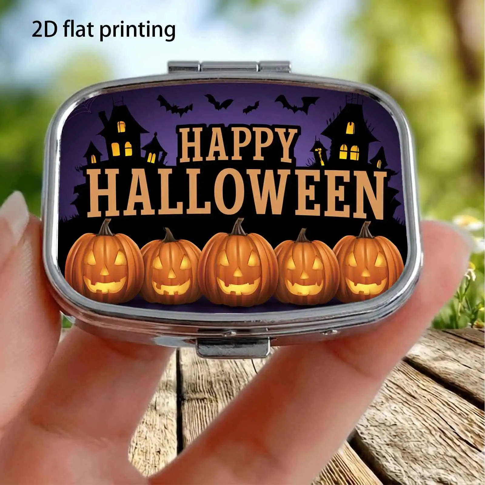 Simple Cartoon Halloween Pumpkin Castle Bat Text Pattern, Square Two-Compartment Small Pill Box, Portable Medicine Storage, Small Jewelry Storage, Suitable for Handbags or Travel, Holiday Gifts, Souvenirs, Prizes, Small Gifts, for Personal Use or as Exquisite Gifts