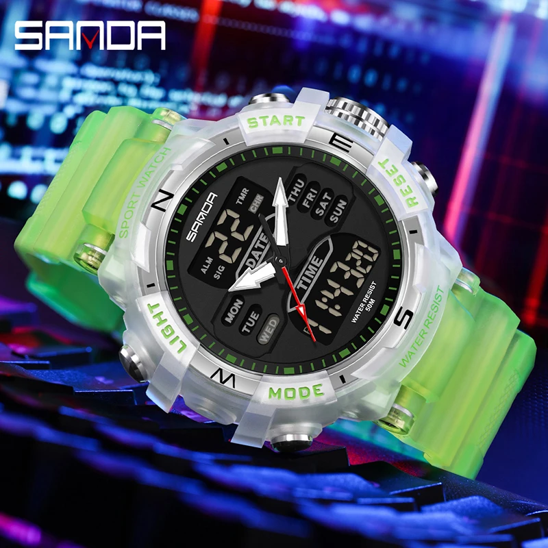 SANDA Hot selling new product alarm clock multifunctional trend waterproof transparent men's dual display electronic watch reloj