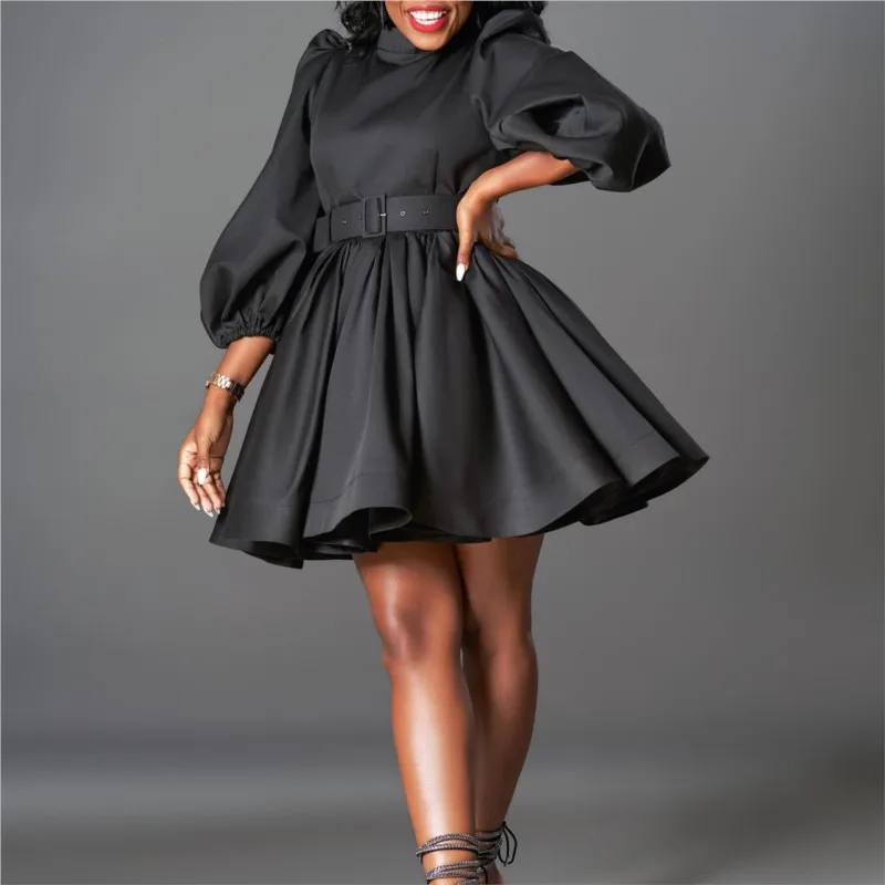 Puff Sleeve Elegant A-Line Pleated Dress Eevning Satin Fashion Wedding Guest Cocktail Long Dress Vintage Dress with Belt