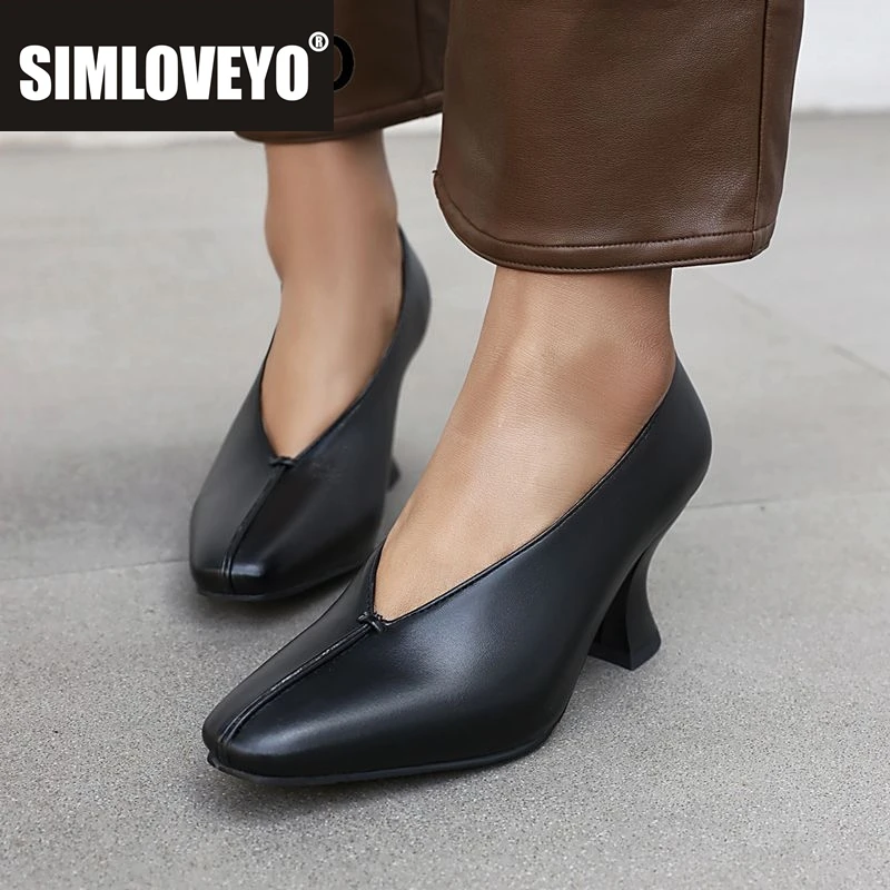 

SIMLOVEYO 2025 Новый дизайн Винтажные женские туфли-лодочки с квадратным носком на странном каблуке 7 см без шнуровки плюс размер 41 42 43 Офисные женские туфли весна