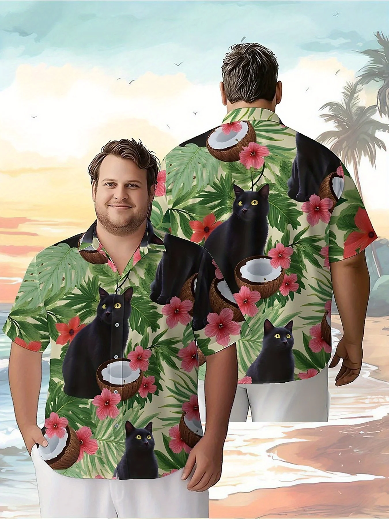 

Men's Plus Size Hawaiian Shirts Tropical Black Cat Coconut Flower Pattern,New Summer Fashion Tops,Hip Hop Streetwear