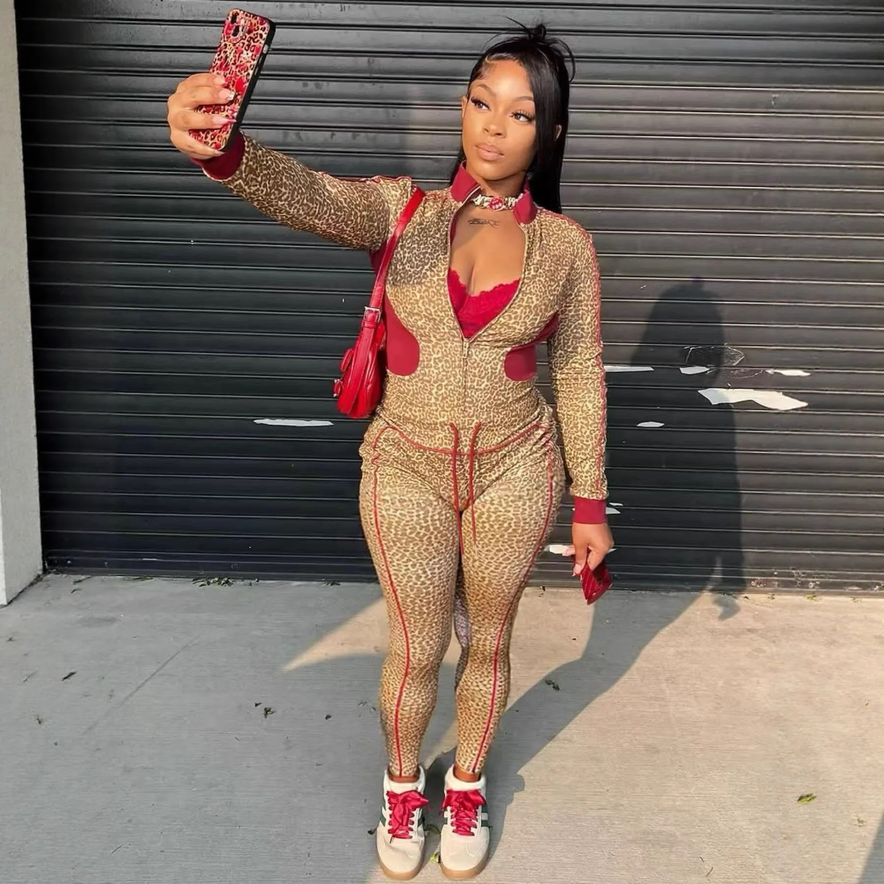 

Two Pieces Women Pant Sets Leopard Spliced Matching Set Color Blocked Coat Drawstring Waist Pants Skinny Slim Casual 2025 Spring