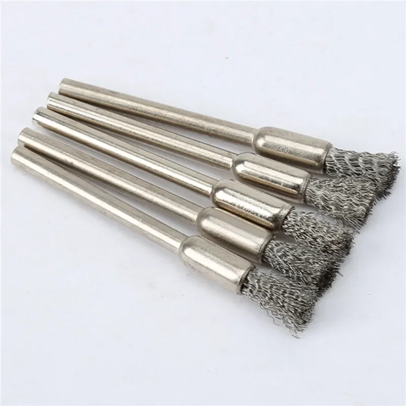 5Pcs/set Pencil Brushes Stainless Steel Mounted Wire Wheel Mandrel Set Dremel Accessory Rotary Tools 3.17mm Shank Mandrel Silver