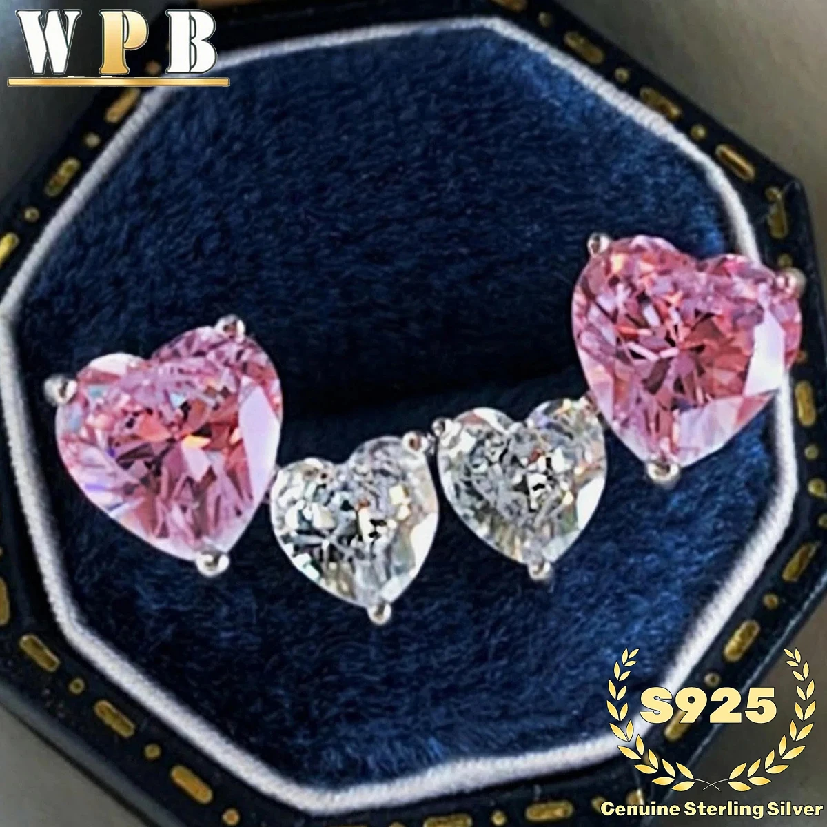 

S925 Sterling Silver Stud Earrings Double Heart Pink&Clear Cubic Zirconia Faceted Romantic Gift for Women Valentine Anniversary