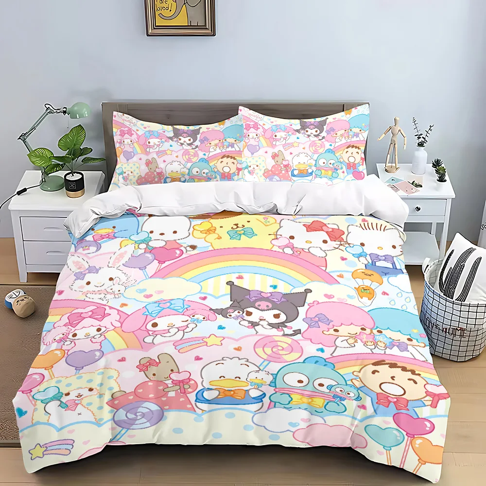 Cartoon Hello Kitty Kuromi Duvet Pillowcase Bedding Set Adult Boy Girl Bedroom Decoration Children Gift Single Double Large Size