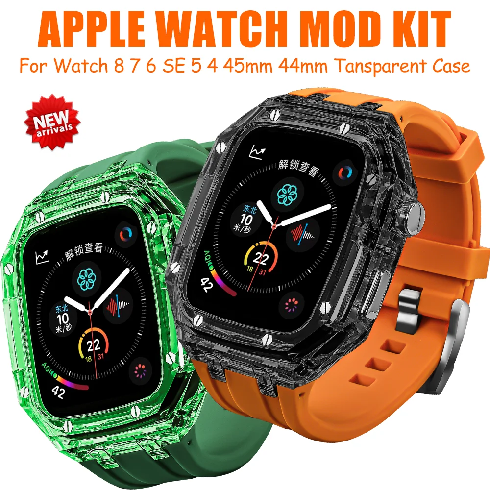 

Transparent Modification Kit Cover Silicone Band For Apple Watch 45mm 44mm Mod Case For iWatch 8 7 6 5 4 SE Rubber Sports Strap