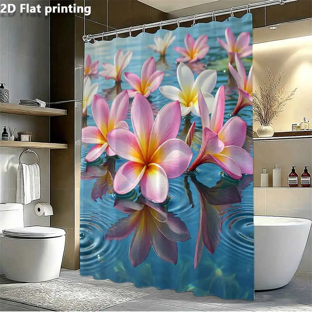 Waterproof Polyester Tropical Floral Shower Curtain Plumeria Bloom Blue Water Aesthetic Bathroom Shower Curtain Liner Decor Home