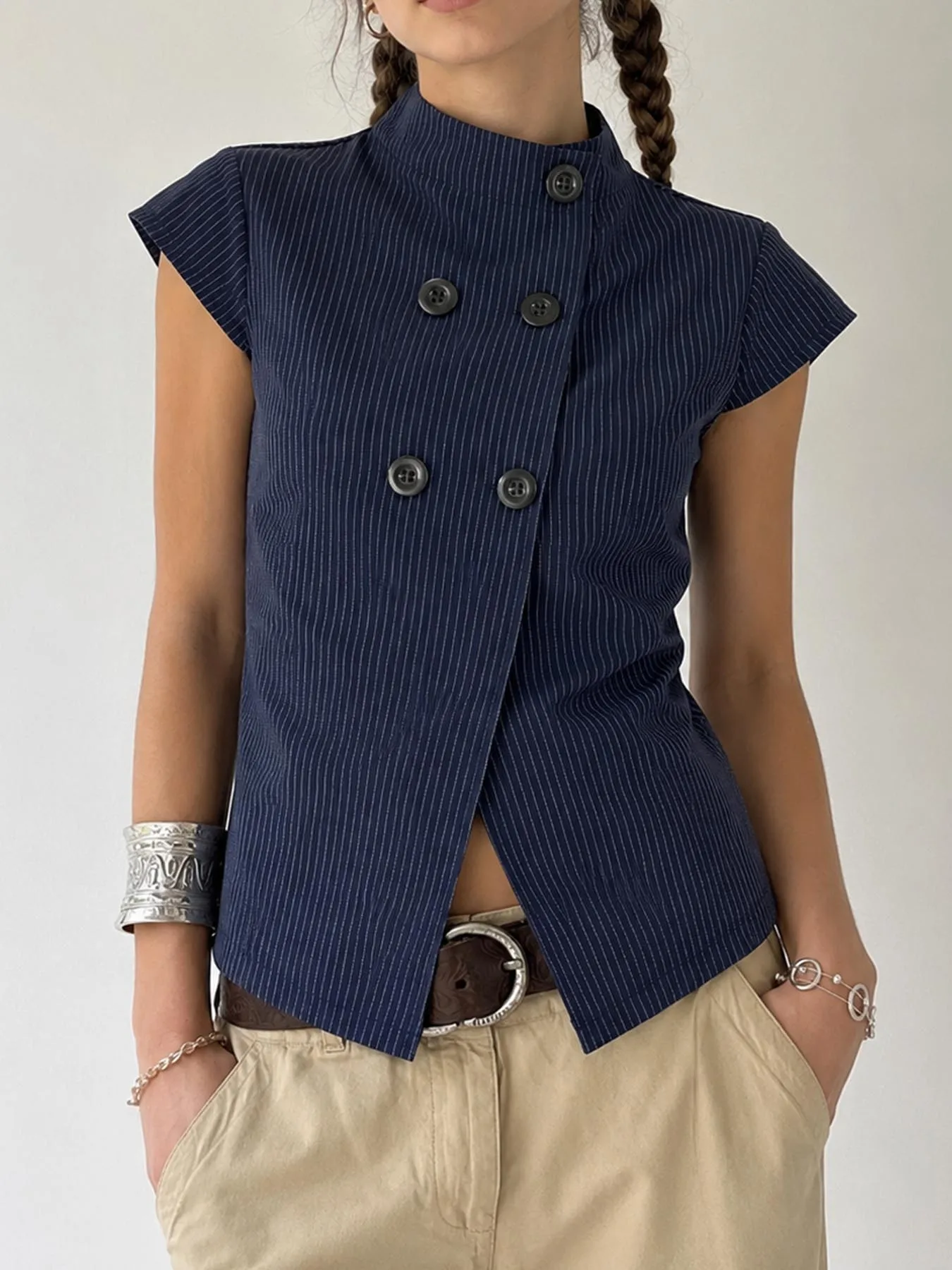 uropean American Elegant Vest Tank Top Women 2026 Summer New Stand Collar Slimming Fitted Sleeveless Waistcoat Top