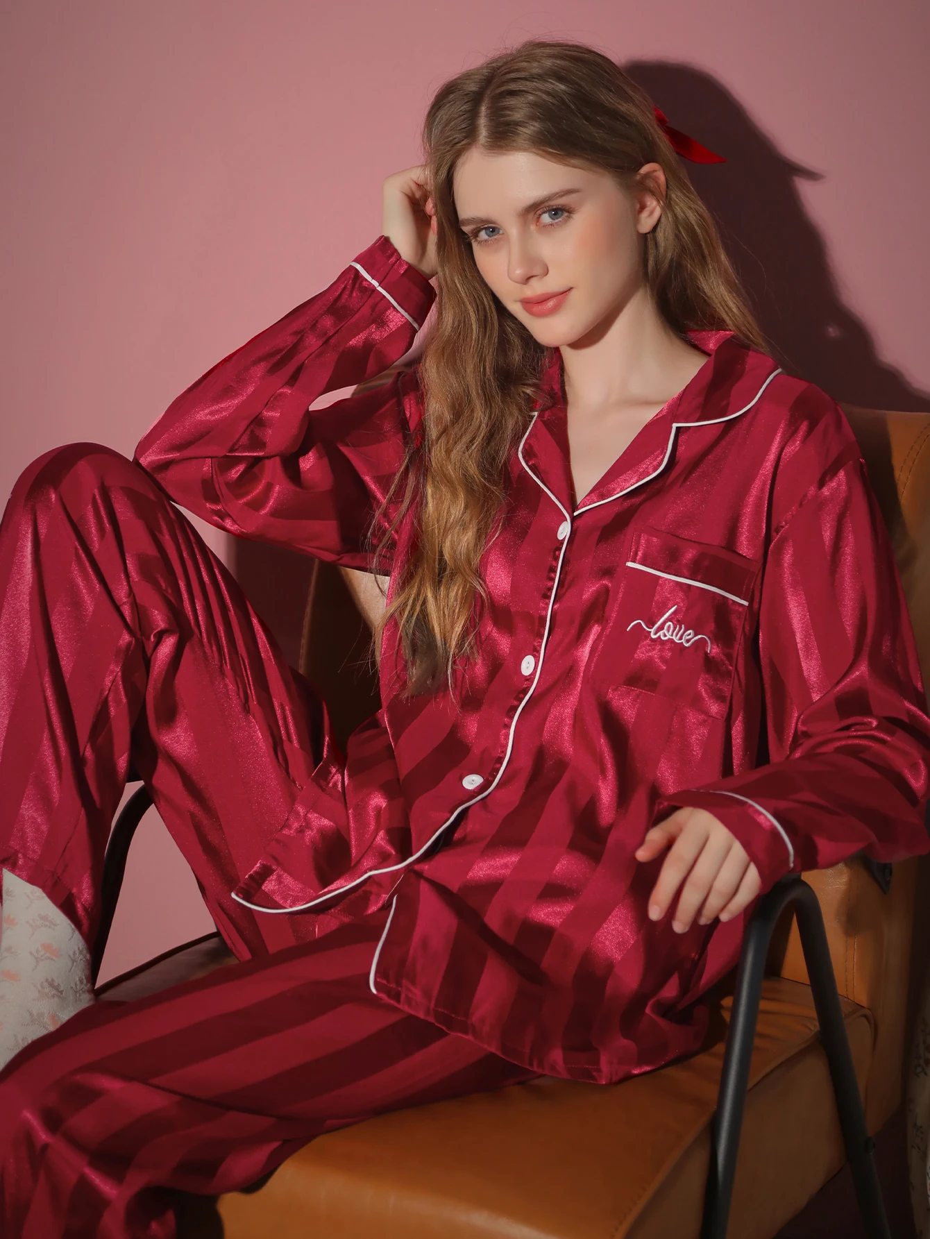 

2-piece women's sleepwear long sleeved pants letter embroidered cardigan home clothes spring and autumn winter striped set