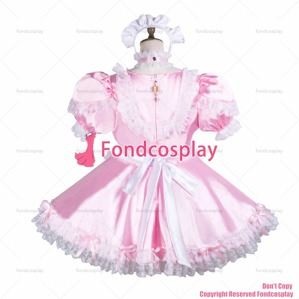 fondcosplay adult sexy cross dressing sissy maid baby pink satin dress lockable Uniform white apron costume CD/TV[G3739]