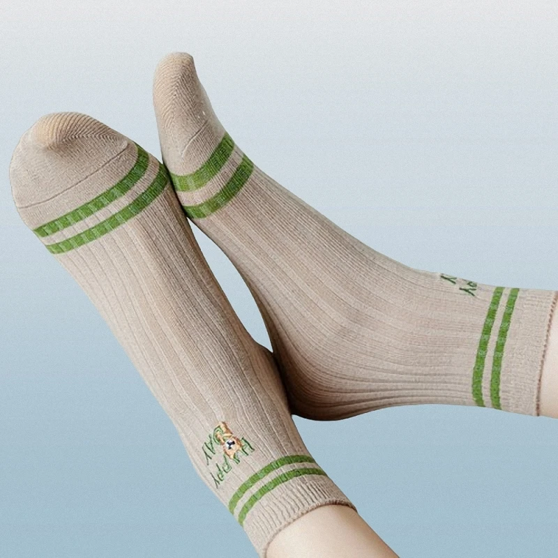 1/3 Pairs New Double Needle Comfortable Socks For Women Mid-tube Socks With Embroidered Bear Ladies Long Tube Socks