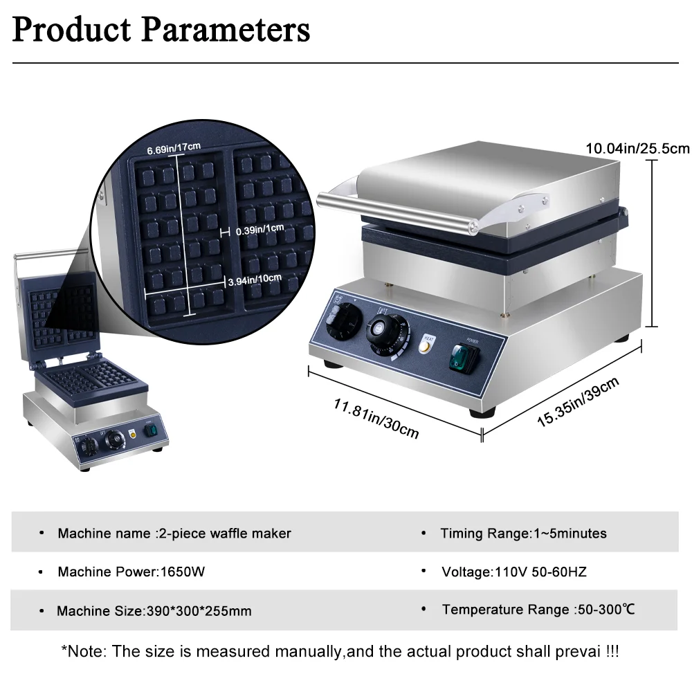 Macchina per waffle commerciale 2 pezzi Macchina per waffle elettrica antiaderente in acciaio inossidabile Waffle belga con temperatura