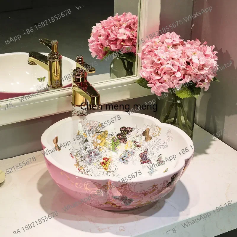 AB03On-stage basin ceramic art, European-style wash basin household bathroom face wash, petal-shaped wash basin