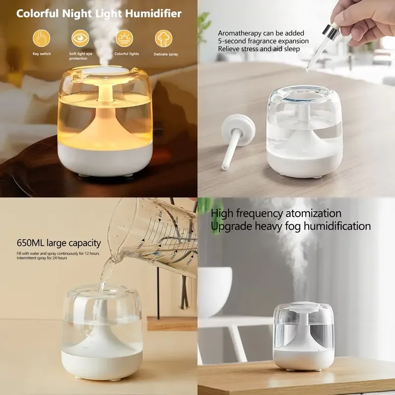 650ML Portable Humidifier Air Humidifier Essential Oil Home Bedroom Aroma Diffuser With Colorful Night Lights USB Humidifier