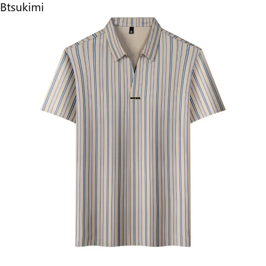2025 New Men's Short-sleeved Business Casual Striped Shirts Fashion Breathable Lapel Pullover Tops Anti-wrinkle Polo Shirts Male