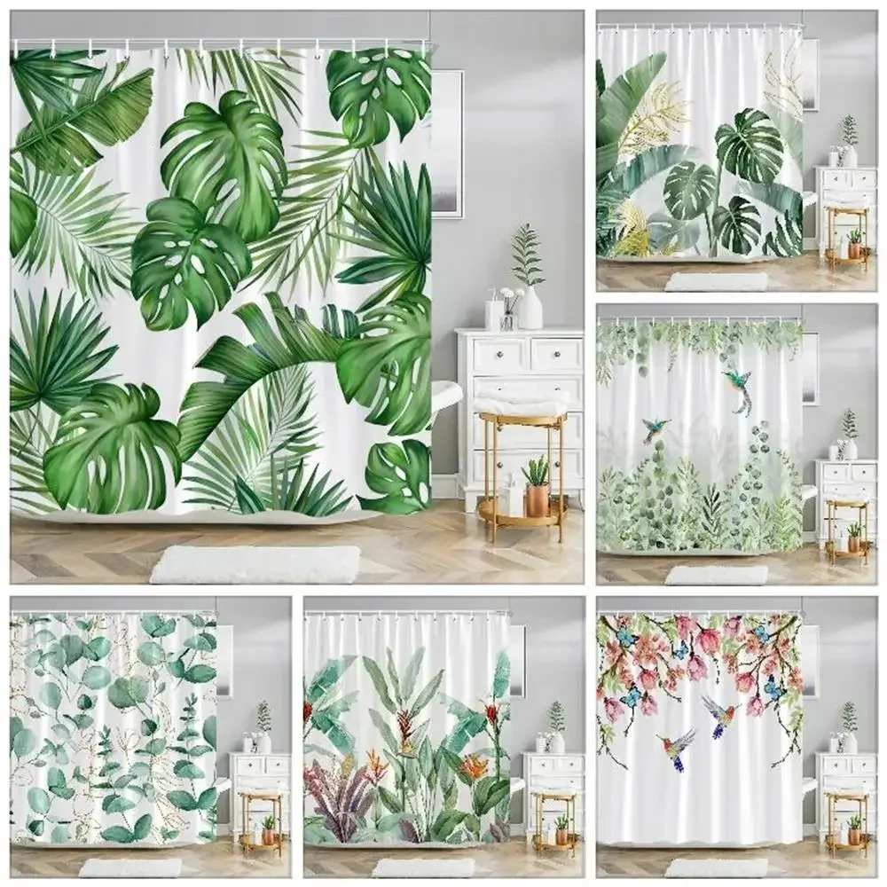 Tropical Leaves Shower Curtain Green Palm Monstera Leafs Decorative Shower Curtains Polyester Fabric Bath Curtain Bathroom Decor