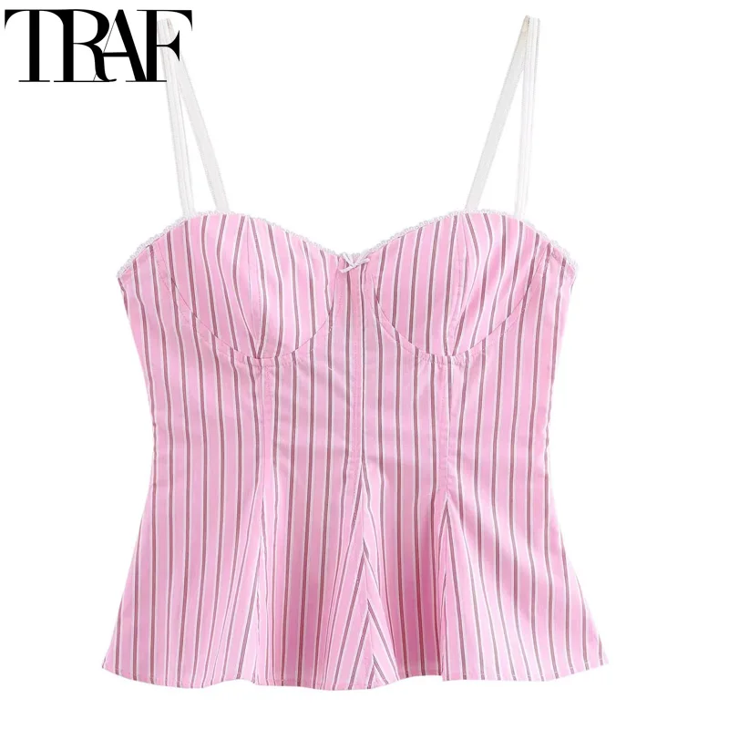

TRAF Summer Tops For Women 2025 Sleeveless Pink Crop Top Woman Lace Butterfly Camisole Top Backless Sexy Stripe Bustier Tank Top