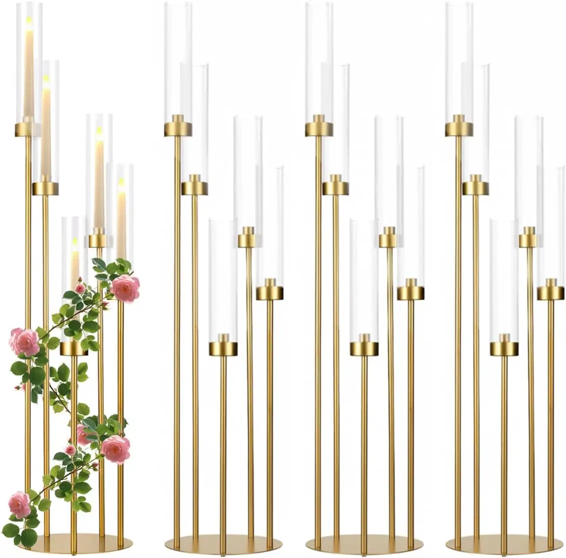 4PCS Gold Floor Candelabra Tall 5-Arm Candle Holder Stand with Acrylic Lampshade for Wedding Centerpiece Birthday Party