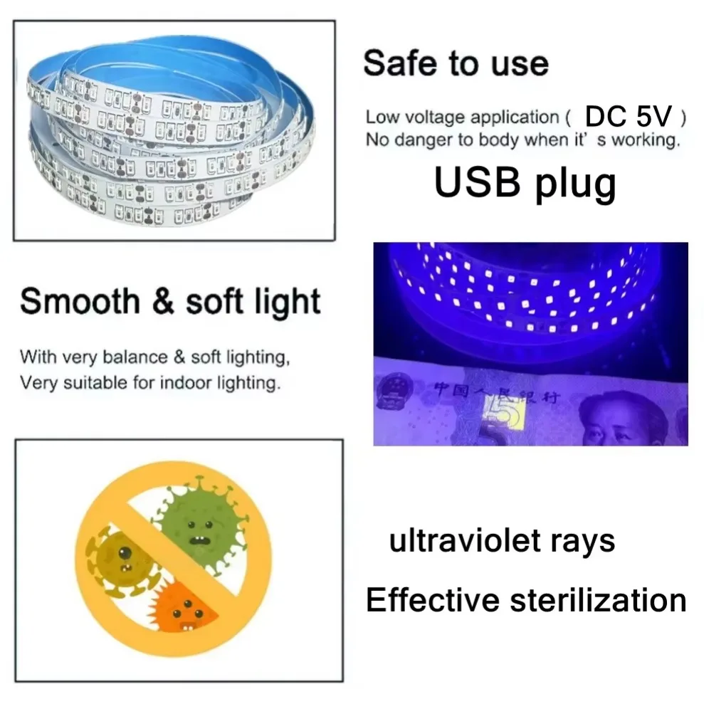 유연한 SMD 2835 자외선 블랙 LED 스트립 라이트, 돈 감지, 집 크리스마스 장식, 보라색, 395-405nm, 5V