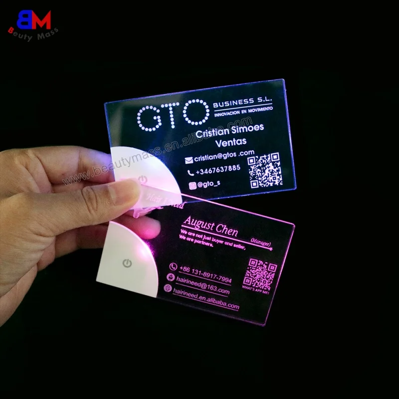 Tarjeta de visita de luz LED grabada con láser, diseño personalizado, luminiscencia acrílica, producto personalizado