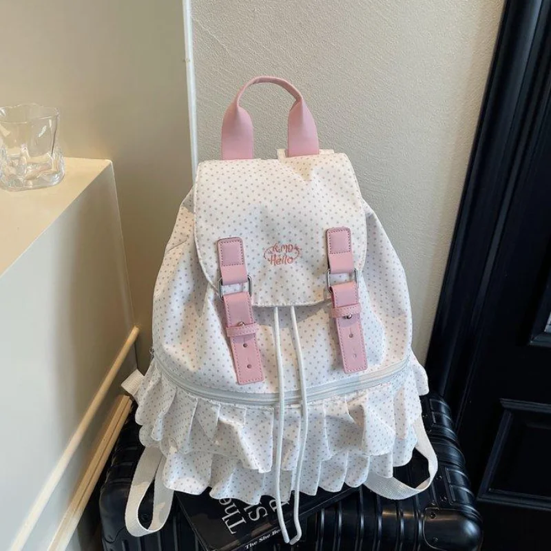 Ruffles Spliced Polka Dot Print Backpack Large Capacity Holiday Travel Drawstring Backpack Korean Sweet Schoolbag