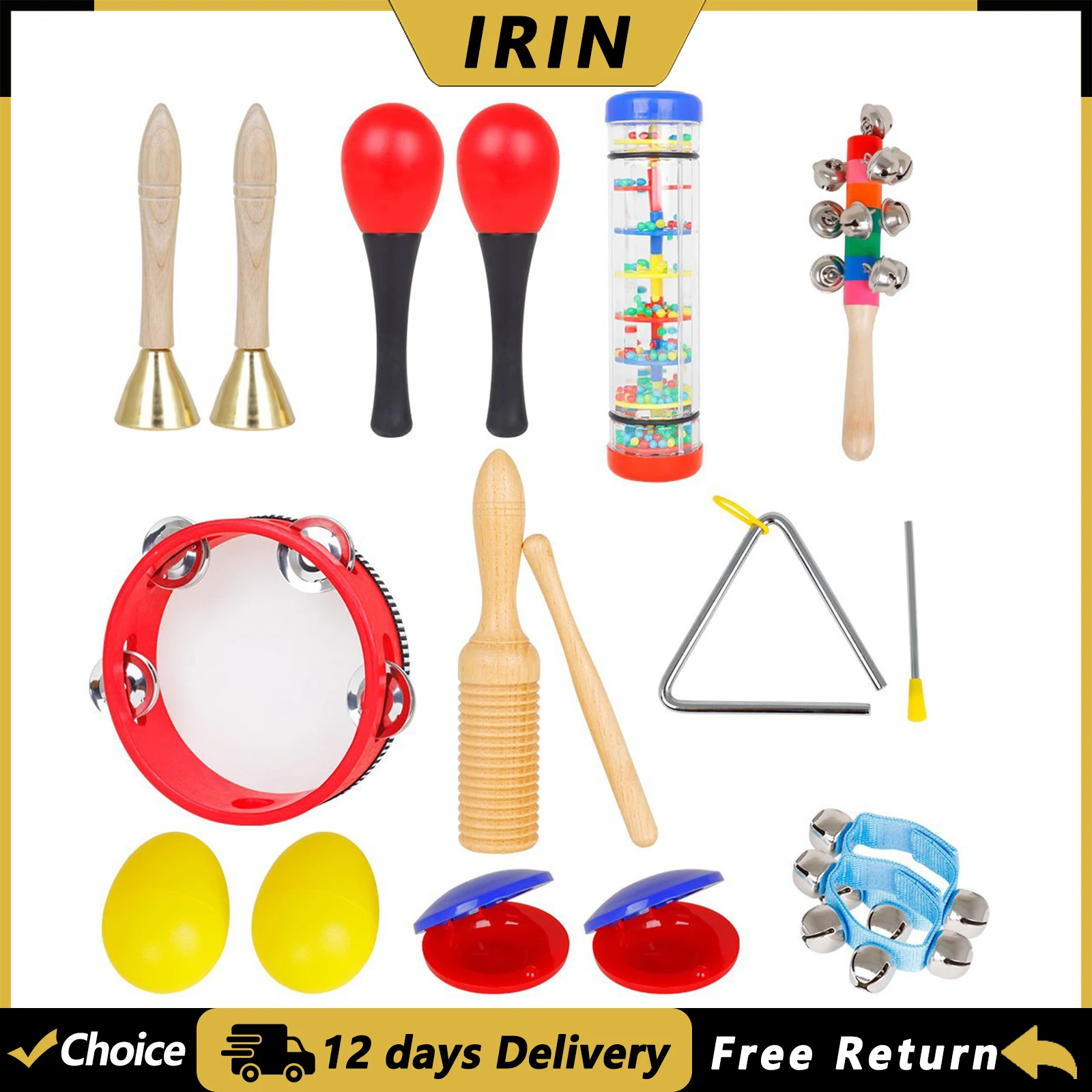 

IRIN Orff Children's Instrument Set 10 Pcs Music Early Education Rainbow Tambourine Boys Girls Baby Preschool Education Gifts