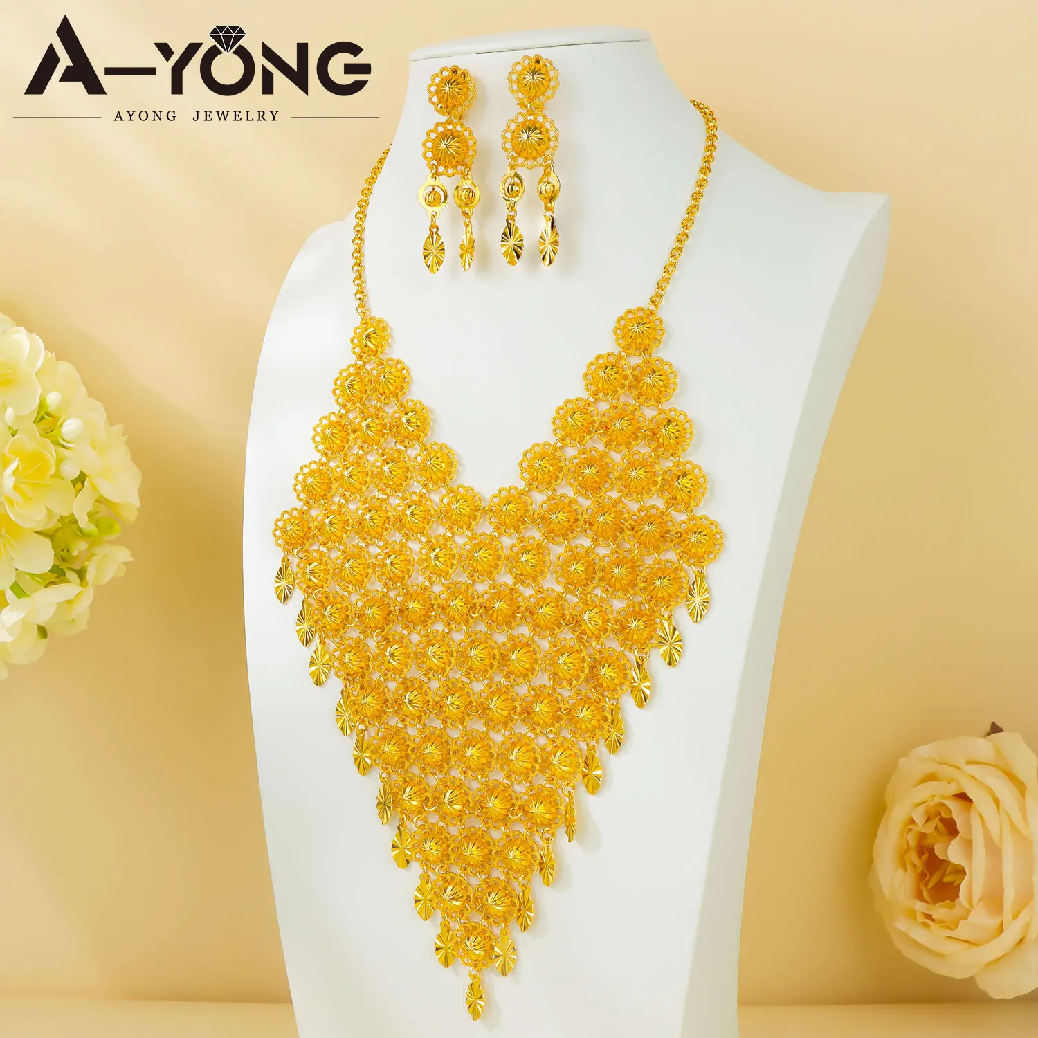 Luxury African Traditional Jewelry Set Gold Color Textured Inspired Exotic Necklace Earrings Ethiopian Women Wedding Jewelrys