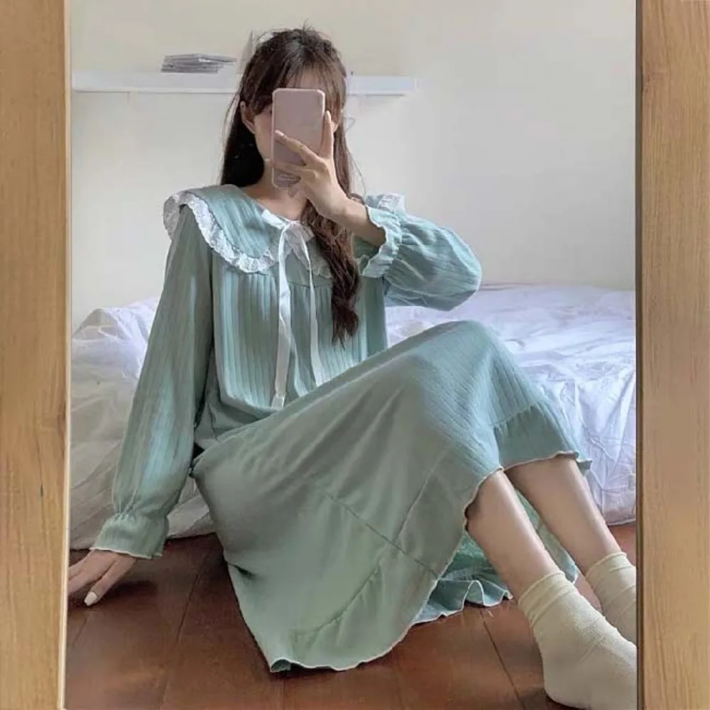 

Comfortable Lace Pajamas Nightgown Women Doll Collar Sweet Bowknot Ruffle Nightdress Bowknot Loose Long Sleeve Sleepwear Girl