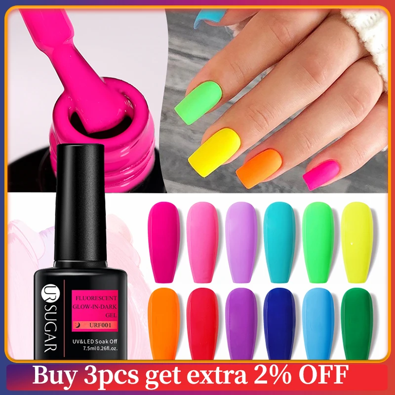 UR SUGAR 7.5ml Neon Fluorescent Glowin-dark Gel Nail Polish Soak Off Luminous Neon UV LED Varnish Need Matte Top Coat