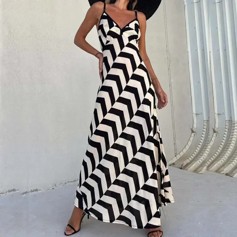 2024 Fashion Hollow Backless Zippered Long Dress Casual Pattern Printed Sleeveless Beach Dress Sexy V Neck Spaghetti Strap Dress