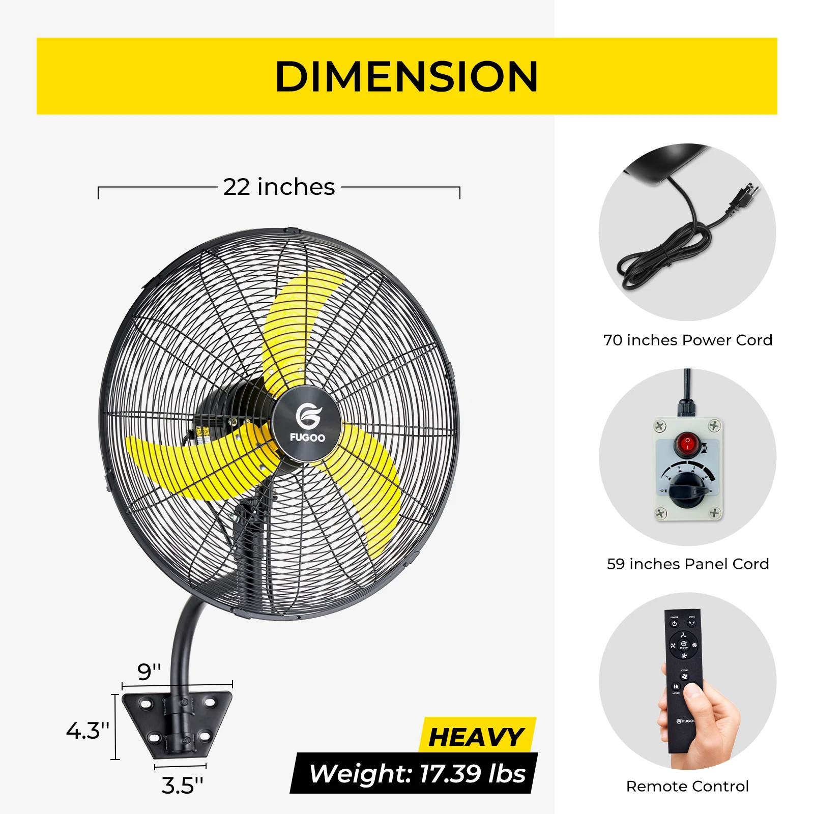 FUGOO 20'' Outdoor Quiet Remote Control Oscillating Wall Mount Fan,All Sealed BLDC Motor,4 Speed Waterproof Outdoor Fan With Remote, Heavy Duty Industrial Wall Fans for House,Patios,Garage,Warehouse